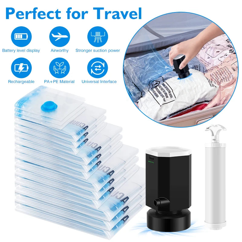 Vacuum Storage Bags with Cordless Electric Pump – Space Saver for Travel