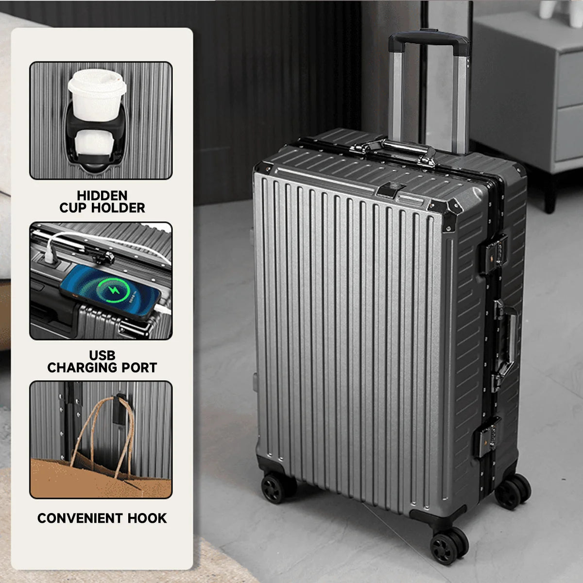 Aluminum Frame Rolling Suitcase – 20/24/26/28" with USB Port & Combination Lock