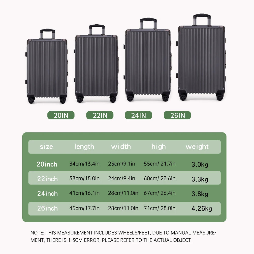 Aluminum Frame Rolling Suitcase – 20/24/26/28" with USB Port & Combination Lock