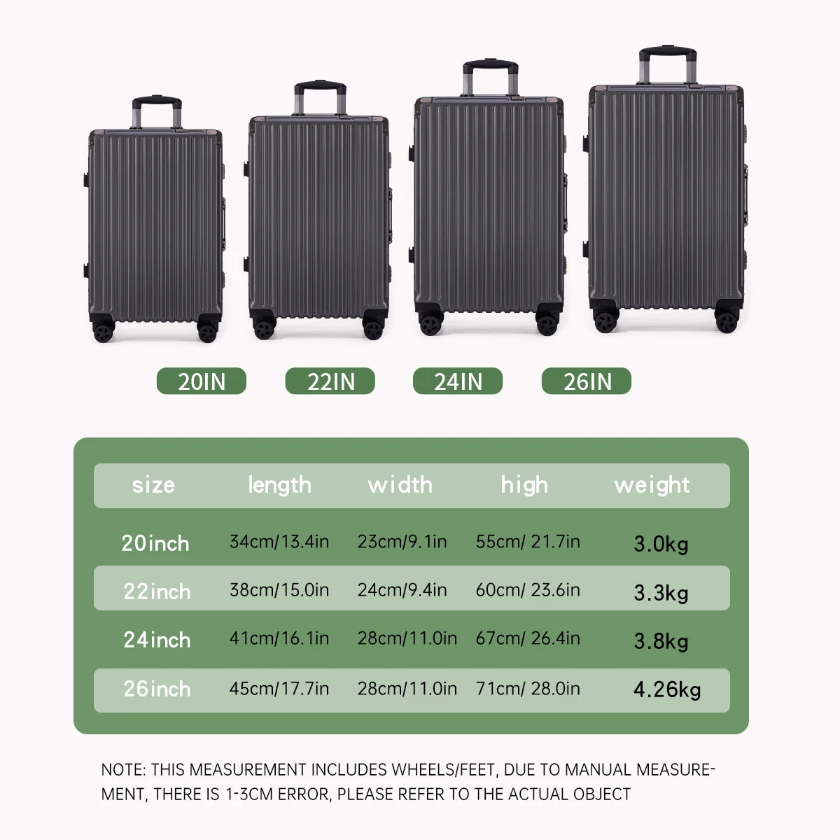 Aluminum Frame Rolling Suitcase – 20/24/26/28" with USB Port & Combination Lock