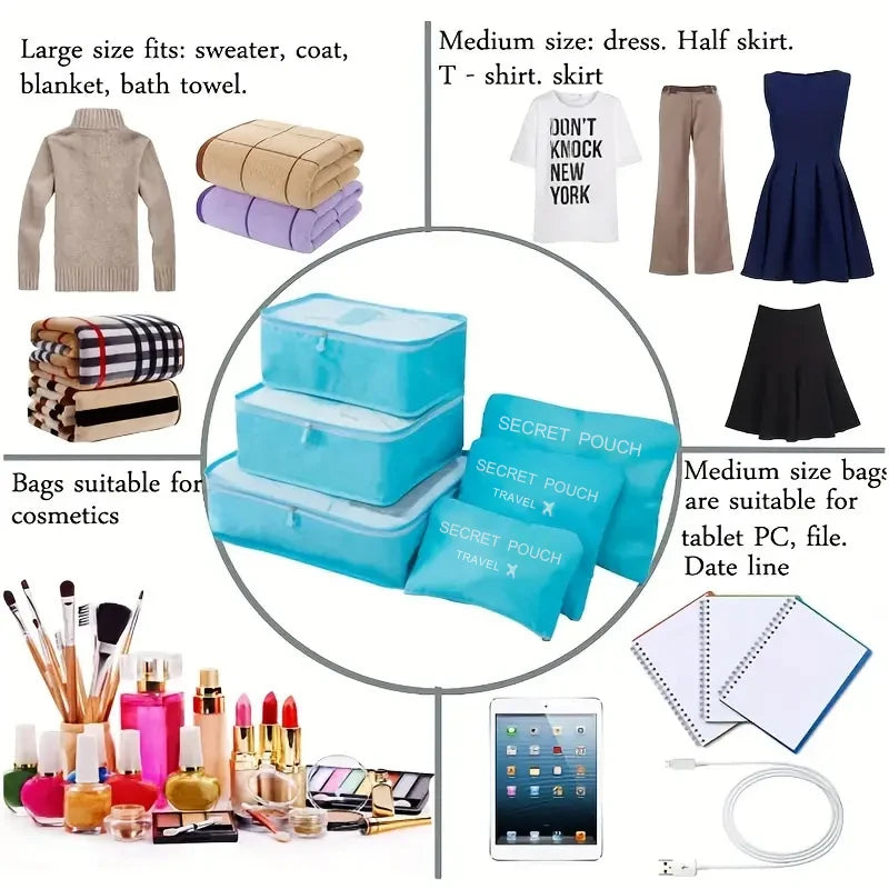 6-Piece Travel Storage Bags Waterproof Packing Organizers with Zipper