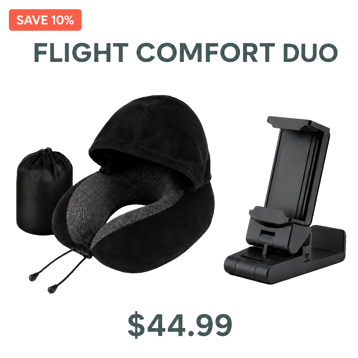 Black hooded memory foam travel pillow and foldable airplane phone holder
