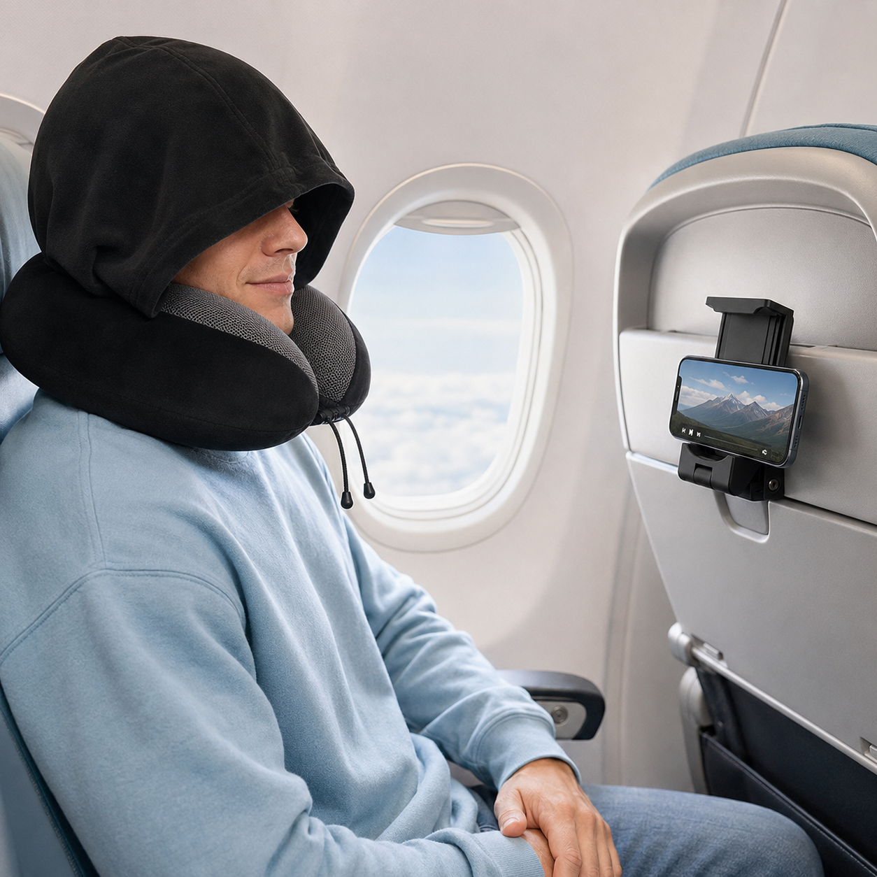 Traveller relaxing with the Carrylune Flight Comfort Duo on an airplane